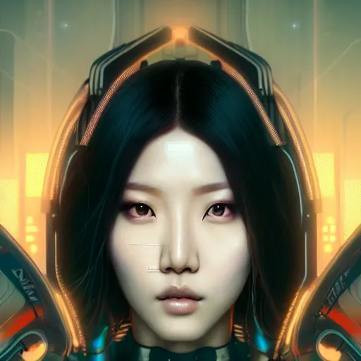 Image similar to portrait painting of cyberpunk hyejin from loona as a drone operator, ultra realistic, concept art, intricate details, eerie, highly detailed, photorealistic, octane render, 8 k, unreal engine. art by artgerm and greg rutkowski and magali villeneuve and alphonse mucha