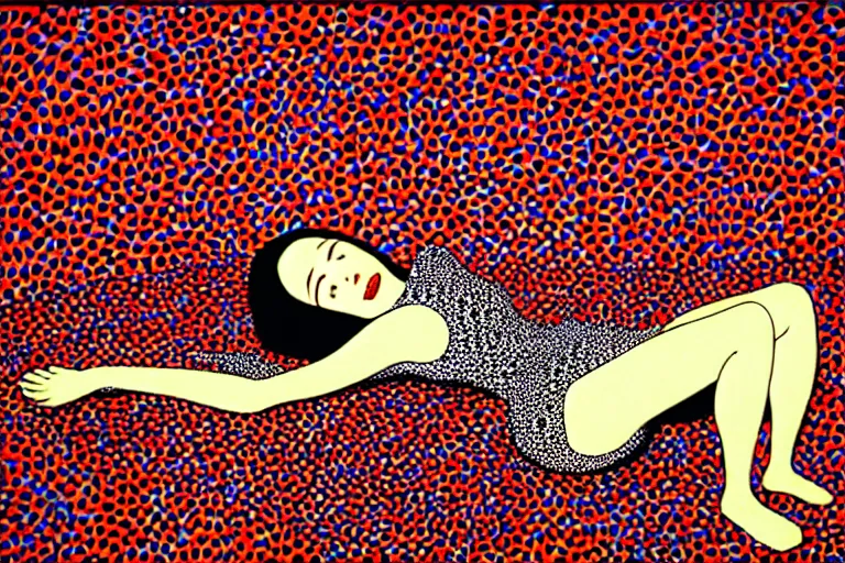 Image similar to realistic detailed image of a woman laying down in a padded room, conjuring psychedelic background, part by takato yamamoto, part by yayoi kusama, part by alex gray, ross tran, james jean, ultra realistic, highly detailed, 8 k, trending on artstation, very cohesive, masterpiece