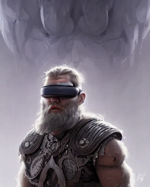 Image similar to a grey bearded viking cyborg wearing a vr headset, shoreditch, real life skin, intricate, highly detailed, artstation, concept art, smooth, sharp focus, art by artgerm and greg rutkowski