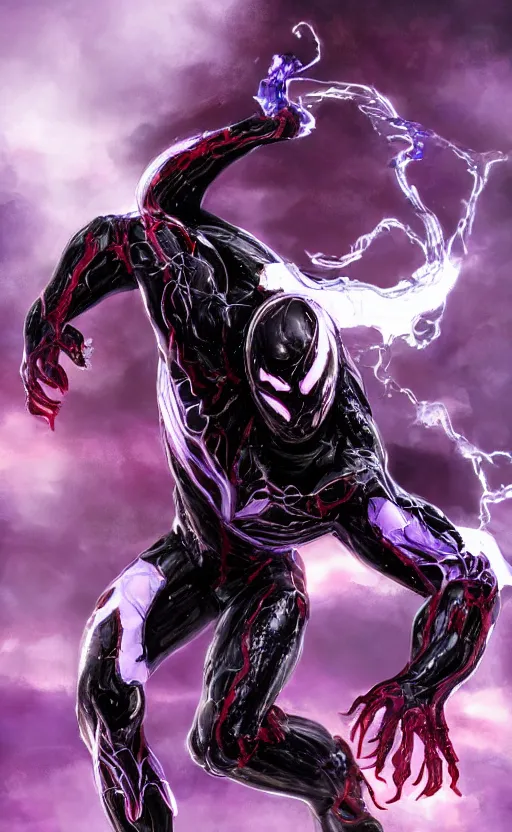 Image similar to venom in a venom inspired ironman suit, purple, black and red, dynamic lighting, photorealistic fantasy concept art, trending on art station, stunning visuals, terrifying, creative, cinematic