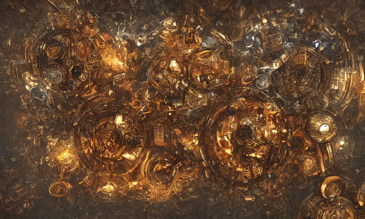 Image similar to steampunk engine laboratory 3 d volume kaleidoscope fractal voronoi metal chakra digital multicolor stylized concept substance natural color scheme, global illumination ray tracing hdr fanart arstation by sung choi and eric pfeiffer and gabriel garza and casper konefal