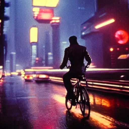 Image similar to action shot of Deckard from Blade Runner (1982) riding a bicycle neon cityscape cyberpunk rain night crowded streets