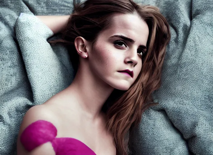 Image similar to Emma Watson for Victorian Secret, perfect face, morning sleeping bedroom, full length shot, colorful, XF IQ4, 150MP, 50mm, f/1.4, ISO 200, 1/160s, natural light, Adobe Photoshop, Adobe Lightroom, DxO Photolab, Corel PaintShop Pro, rule of thirds, symmetrical balance, depth layering, polarizing filter, Sense of Depth, AI enhanced