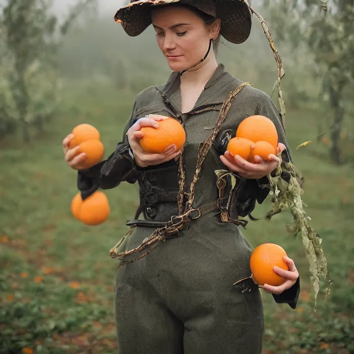 Prompt: a closeup portrait of a woman wearing a vintage diving suit, picking oranges from a tree in an orchard, foggy, moody, photograph, by vincent desiderio, canon eos c 3 0 0, ƒ 1. 8, 3 5 mm, 8 k, medium - format print