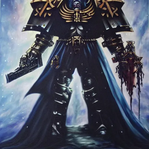 Prompt: The Emperor of Mankind from Warhammer 40,000, asymmetrical, dark vibes, Realistic Painting , Organic painting, Matte Painting, geometric shapes, hard edges, graffiti, street