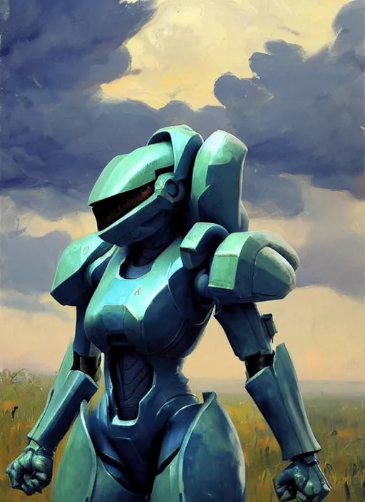 Image similar to Greg Manchess painting of Samus from Metroid Prime wearing Forerunner Armor from Halo, countryside, calm, fantasy character portrait, dynamic pose, above view, sunny day, thunder clouds in the sky, artwork by Jeremy Lipkin and Giuseppe Dangelico Pino and Michael Garmash and Rob Rey, very coherent asymmetrical artwork, sharp edges, perfect face, simple form, 100mm