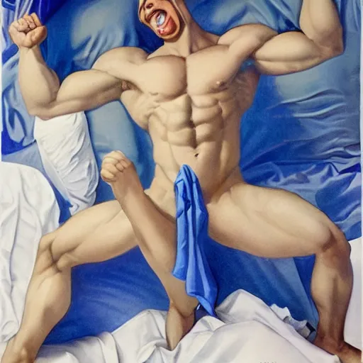 Image similar to photo shot of muscular genie with blue skin covered in oil laughing, posing in bed, morning sunlight, detailed, realistic, in style of j. c. leyendecker