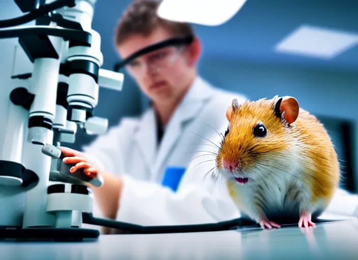 Image similar to film still of a hamster working in a research lab using a tiny microscope, 8 k