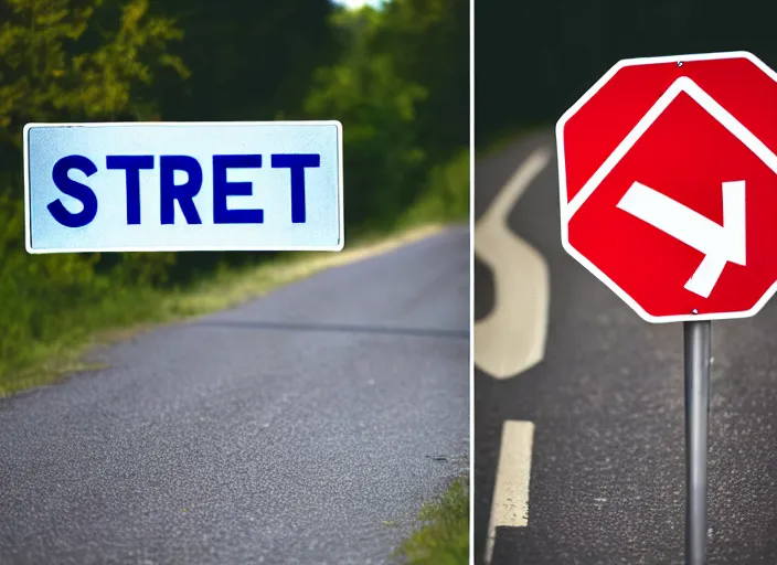 Image similar to photo still of two street signs on a country road shaped like arrows pointing left and right with the words left on one and right on the other, 8 k 8 5 mm f 5. 6