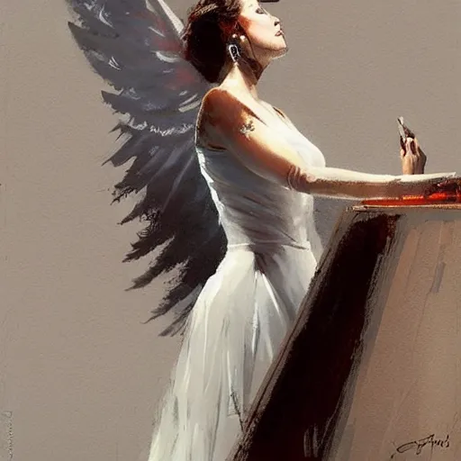 Image similar to Painting by Greg Rutkowski, an opera singer in a white dress with wings on stage