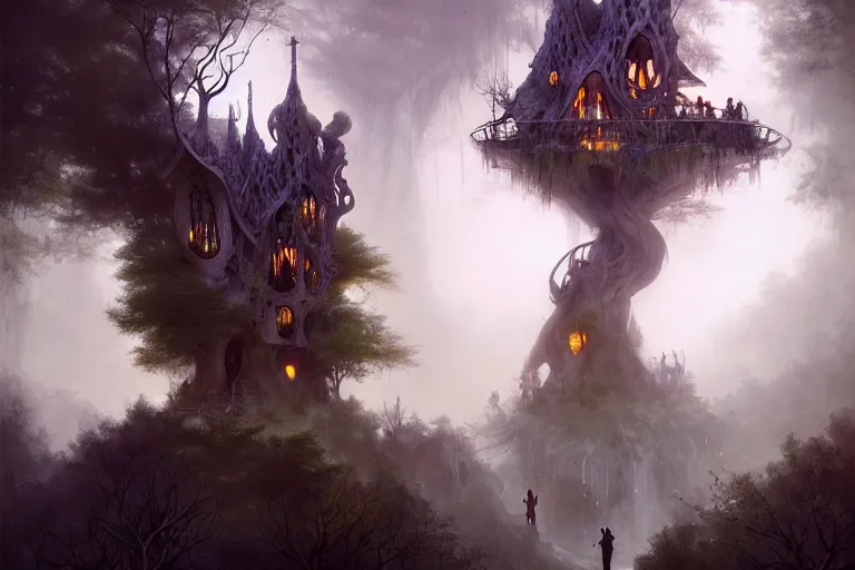 Prompt: treehouse with architecture from antonio gaudi in a deep mystical forest , lampoons, lake, waterfall, tall people walking and discussing, faint dynamic lighting, art by peter mohrbacher on artstation, night mood