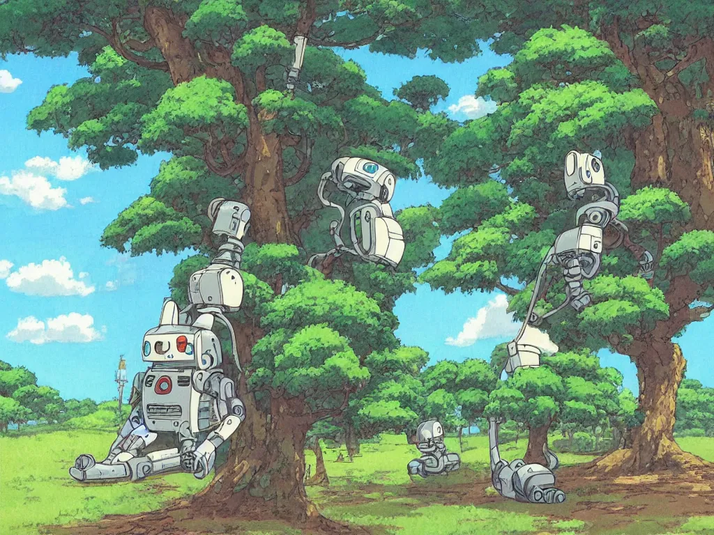 Prompt: painting of a robot sitting under a tree, in the style of Studio Ghibli, by Hayao Miyazaki