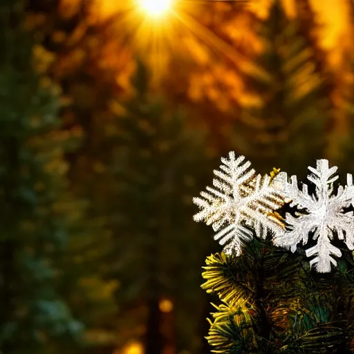 Image similar to snowflake in front of pinetree forrest, realistic, golden hour, hdr lights