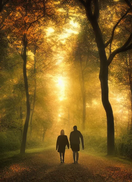 Prompt: man and woman walking, path with trees, leaves on the ground, sky with sunset, volumetric light, dramatic, wide angle, by emmanuel shiu il