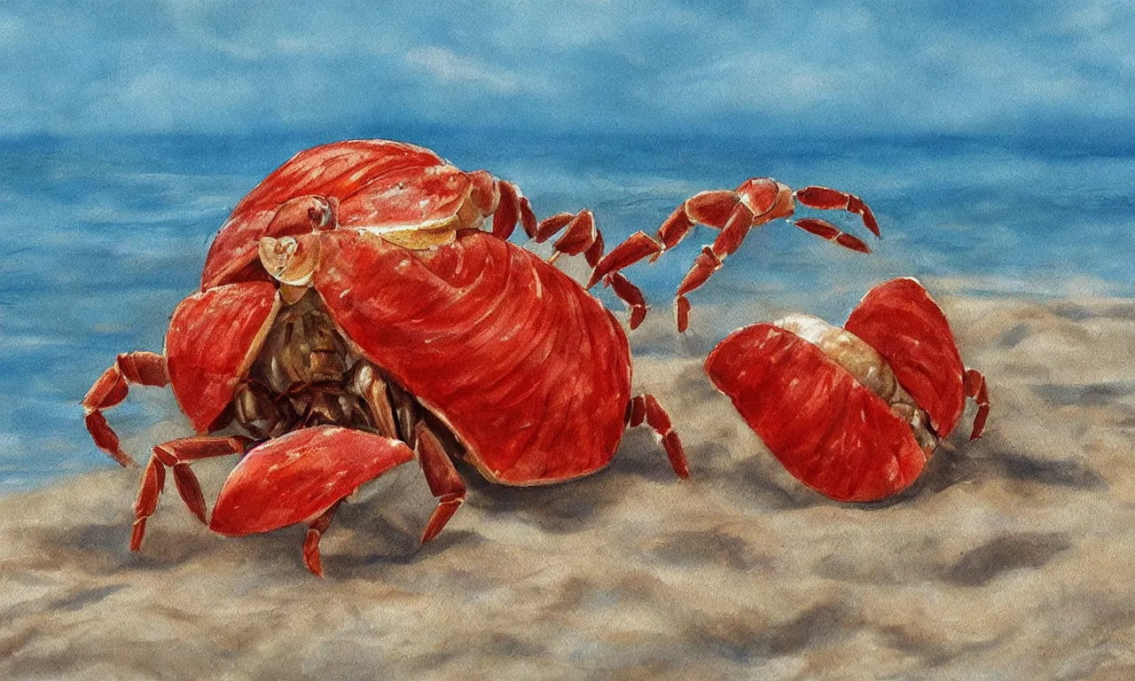 Prompt: a beautiful painting of three red hermit crab on sandy beach, cartoon, american romanticism