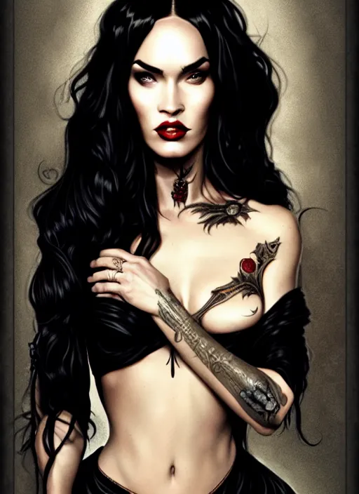 Image similar to megan fox witch queen, black eyes, blood, full body, intricate victorian dress, middle shot, cinematic lighting, symmetrical eyes, caravaggio, artgerm, joshua middleton, rafael albuquerque, moody lighting, candles