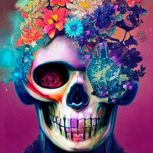 Image similar to art portrait of skeleton with colorful flowers exploding out of head,8k,by tristan eaton,Stanley Artgermm,Tom Bagshaw,Greg Rutkowski,Carne Griffiths,trending on DeviantArt,face enhance,hyper detailed,minimalist,cybernetic, android, blade runner,full of colour,