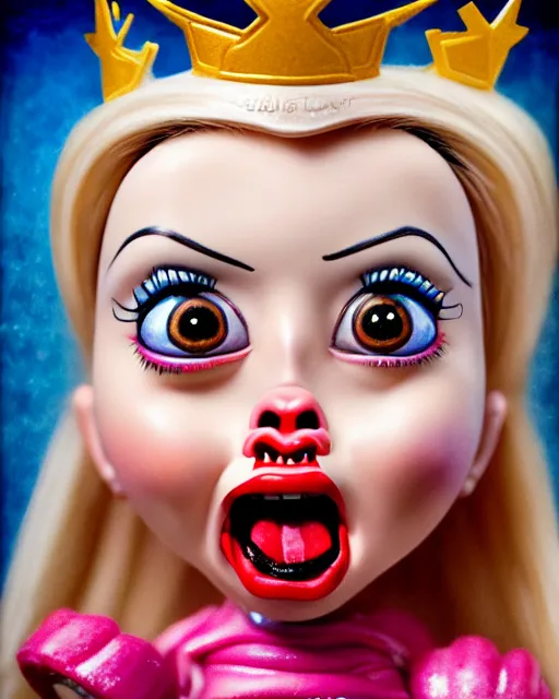 Image similar to closeup profile portrait of a tin toy ivanka trump screaming as a sith lord fairytale princess chucky doll wearing a crown and eating cakes, bikini, hyper realistic, artstation, illustration, nicoletta ceccoli, mark ryden, lostfish, max fleischer, digital paint, matte paint, vivid colors, bright, cheerful, detailed and intricate environment