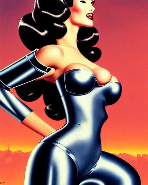 Image similar to closeup beautiful retro space dita von teese megan fox posing with a chrome robot in dieselpunk city at night, pinup, windblown dark hair, seductive, hyper detailed, digital art, smooth, sharp focus, gil elvgren, luis royo, alberto vargas, 1 9 5 0, when mars attacks