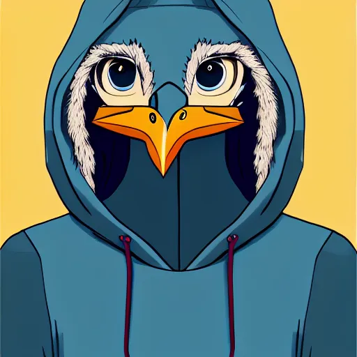 Image similar to front facing portrait. humanoid furry! anthro, anthro, anthro, avian, avian, avian!!! fursona, bird, bird, bird!!! digital art! trending on artstation! subject wearing hoodie and jeans!! subject is female!! female!!! big beak, big beak, big beak!!! blue feathers!! birdfolk!! owlkin!!