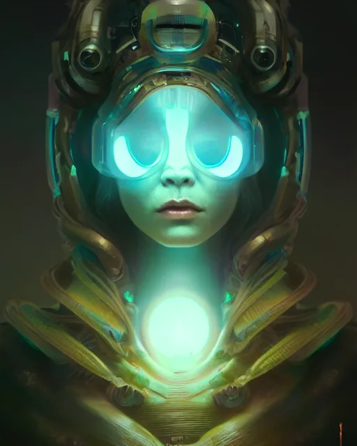 Image similar to one singular portrait of a cute bioluminescent creature, pulp scifi, highly detailed, digital painting, moody cinematic lighting, hyperrealism, dark retrowave, art by stanley lau and artgerm and magali villeneuve and alphonse mucha, artstation, octane render, cgsociety