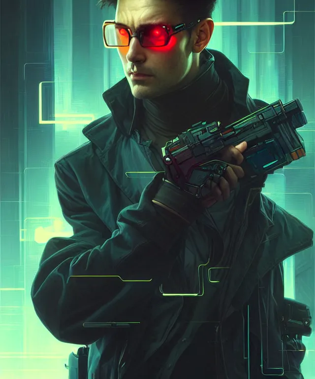 Image similar to Hacker cyberpunk man portrait, highly detailed, digital painting, artstation, concept art, smooth, sharp focus, illustration, art by artgerm and greg rutkowski and alphonse mucha