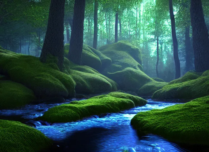 Prompt: hyperrealism, detailed textures, photorealistic 3 d render, a surreal mystical forest with a bright winding blue creek, sharp focus, ultra realistic, ultra high pixel detail, cinematic, intricate, cinematic light, concept art, illustration, art station, unreal engine 8 k