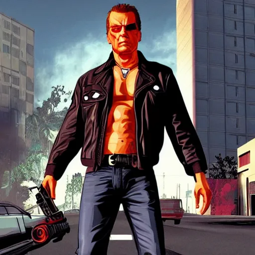 Prompt: the terminator, gta 5 cover art