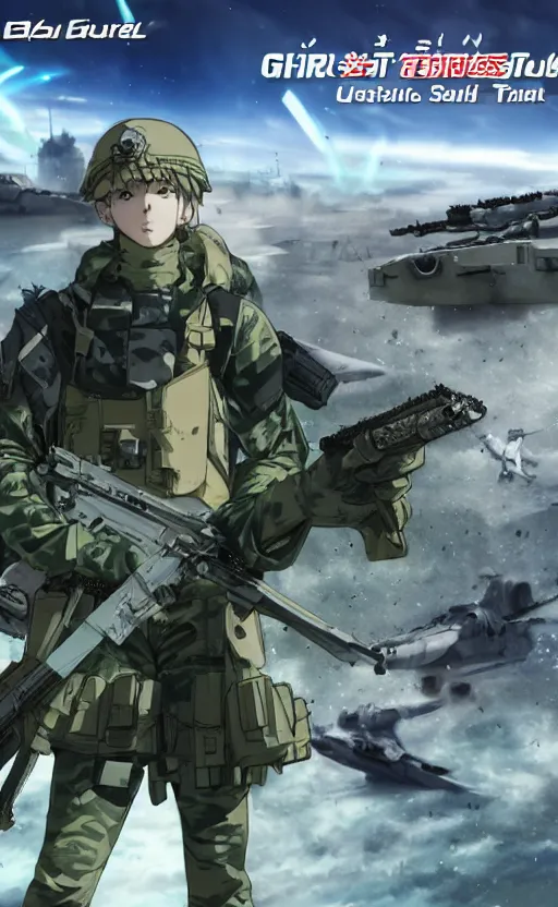 Image similar to girl, trading card front, future soldier clothing, future combat gear, realistic anatomy, war photo, professional, by ufotable anime studio, green screen, volumetric lights, stunning, military camp in the background, metal hard surfaces, generate realistic face, strafing attack plane