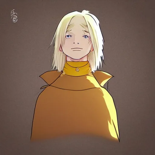 Prompt: blonde boy with yellow eyes wearing a brown cape in the style of studio ghibli, artgerm