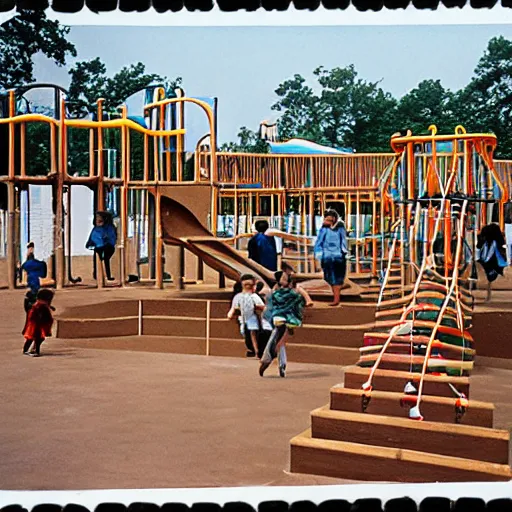 Image similar to full - color 1 9 7 0 s photo of a vast incredibly - large complex very - dense tall many - level playground in a crowded schoolyard. the playground is made of wooden planks, rubber tires, metal bars, and ropes. it has many spiral staircases, high bridges, ramps, balance beams, and metal tunnel - slides.