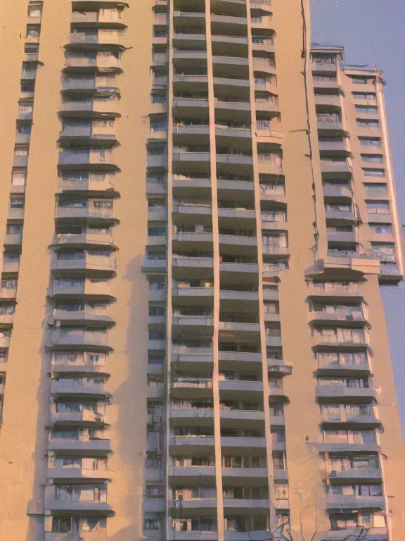 Prompt: soviet panel apartment building photo, extreme wide shot, golden hour, kodak gold 2 0 0, side - view