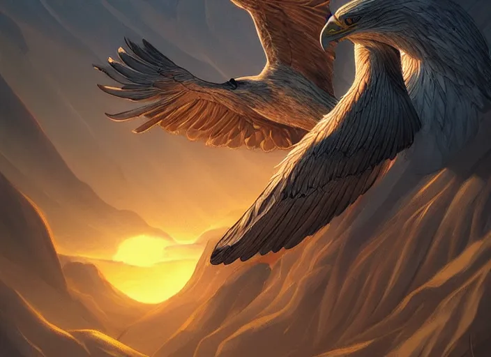 Image similar to majestic eagle made out of light soars over a canyon of darkness, sunset, beautiful, extremely detailed, concept art, artgerm, trending on artstation, powerful imagery, award - winning, fantasy aesthetic,