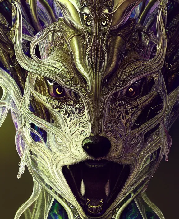 Prompt: exquisite, intricate ornate opulent transparent clear see - through portrait of a terrifying beautiful male alien wolf, mottled coloring, adorable, childlike, overgrown jungle environment, ultra realistic, concept art, art nouveau, photorealistic, octane render, 8 k, unreal engine. art by christopher marley and artgerm and greg rutkowski and alphonse mucha