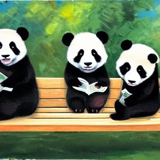 Prompt: 3 panda's sitting on a park bench reading the newspaper, oil painting