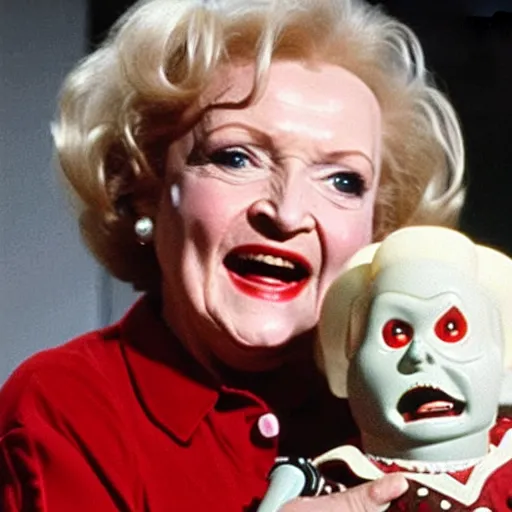 Image similar to betty white holding chucky the killer doll