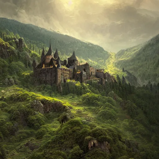 Image similar to A vast verdant empty valley surrounded by Transylvanian mountains. A medieval castle in ruins on the mountainside. Accurate details, dramatic lighting, golden hour, stormy weather, intricate, highly detailed, digital painting, artstation, concept art, sharp focus, illustration, art by Gustave Dore, octane render