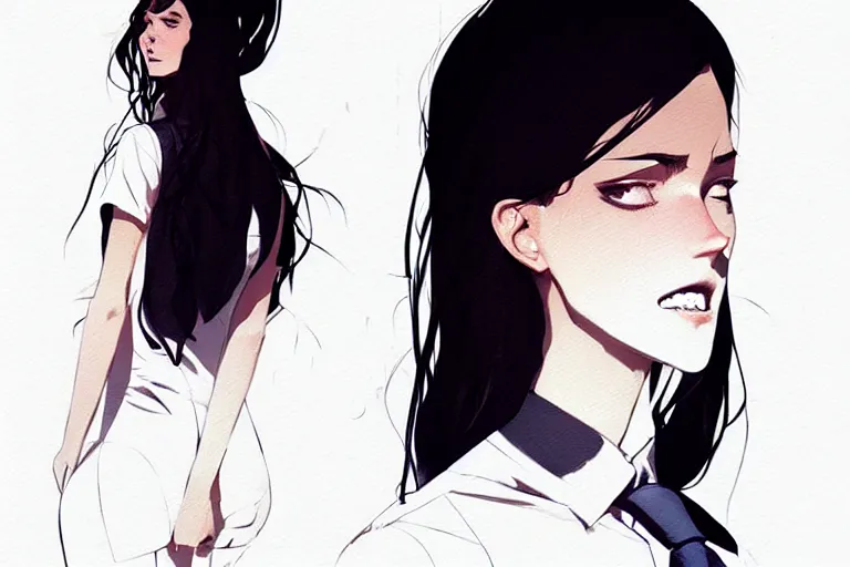 Image similar to a ultradetailed full body portrait of a woman dressed in a white shirt with a tie, by conrad roset, greg rutkowski and makoto shinkai trending on artstation