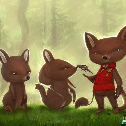 Image similar to 3 woodland critters, resistance, communist, bunny, mouse, fox, political meeting in the woods, antropomorphic, fantasy digital art, art station, green attire, art by kyle ferrin