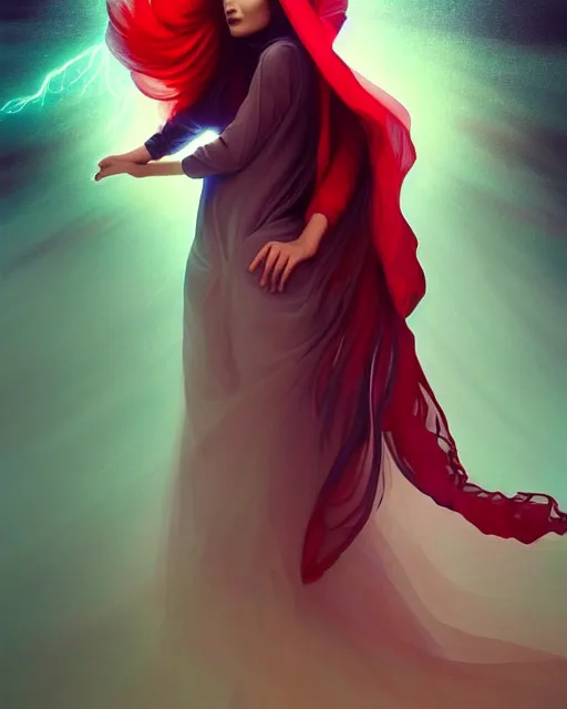 Prompt: beautiful arab woman in niqab, floating in mid - air, long flowing fabric, haunting, dancer, flowers, rain, lightning, storm, digital painting, illustration by james jean and tinothy kong and artgerm, volumetric lighting, realism, artstation
