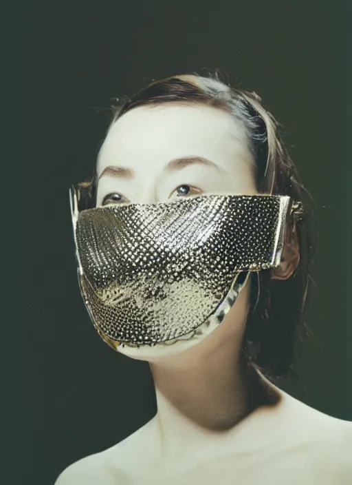 Prompt: a fashion portrait photograph of a woman wearing a metal mask designed by balenciaga, 3 5 mm, color film camera,