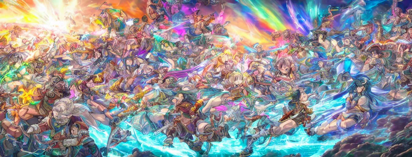 Image similar to a zoomed out panoramic view of rainbow soul ice spirits fighting on the battlefield. hyperrealistic anime background illustration by kim jung gi, colorful, extremely detailed intricate linework, smooth, super sharp focus, bright colors, high contrast, matte, octopath traveler, unreal engine 5 highly rendered, global illumination, radiant light