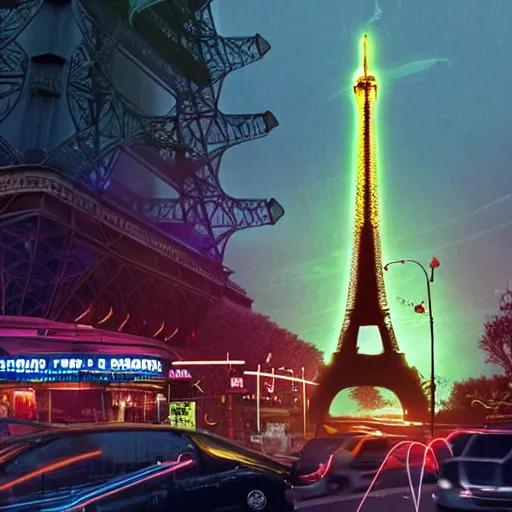 Prompt: A beautiful intricate 8K award-winning ground-level cinematic movie photograph of the future fallen and decaying Eiffel Tower, surrounded by neon and collapsing corporate video billboard displays. in the year 2050, by Bruno Delbonnel and greg rutkowski. octane render, Arri Alexa 65. Cinematic lighting