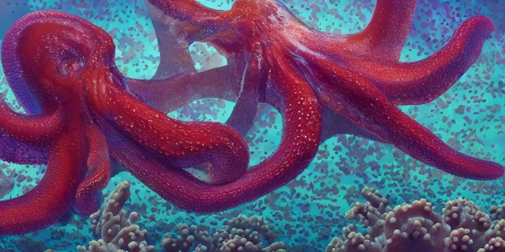 Image similar to giant pacific octopus in the Great Barrier Reef, iridescent small jelly fish in background. trending on artstation, hyper realism, depth of view 8k.