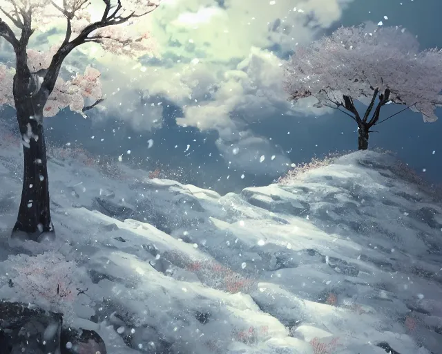 Image similar to snowy rocky field with a sakura tree, petals, cloudy, moodly lighting, snow in wind, illustration, by pine ( ハイネ ) and 薯 子 imoko and 香 川 悠 作 and wlop and maya takamura, highly detailed, trending artstation, pixiv, digital art