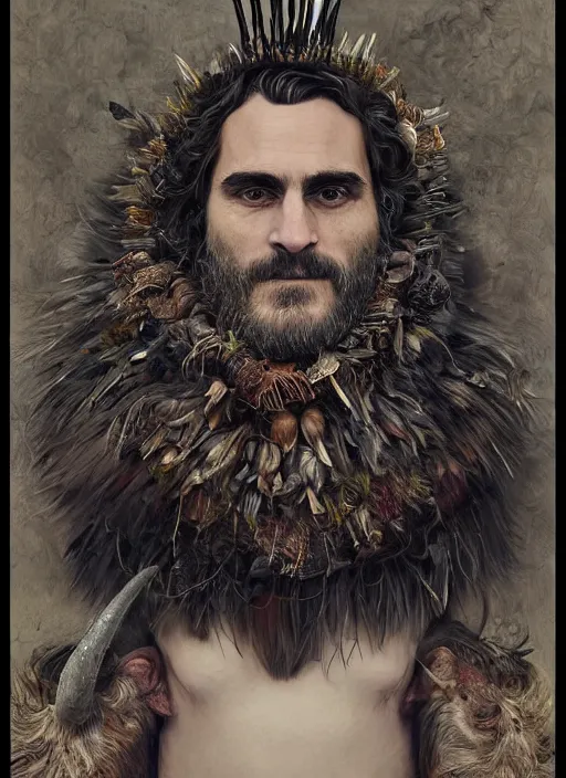 Image similar to a hyper detailed portrait of joaquin phoenix with a crown made of animals, cow horns, pig nose, sheep wool, chicken feather armor, horror, by anna podedworna, by miklos ligeti, by diego maricato, by taran fiddler, by antonino truisi, by chris reddie, by jinsung lim, trending on artstation