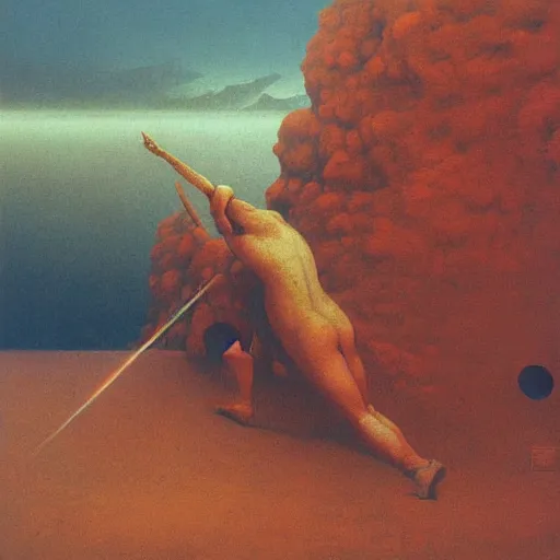 Image similar to cannon firing by Zdzisław Beksiński, oil on canvas