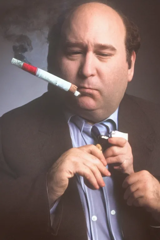 Image similar to portrait photo of george constanza, smoking a pipe, atmospheric