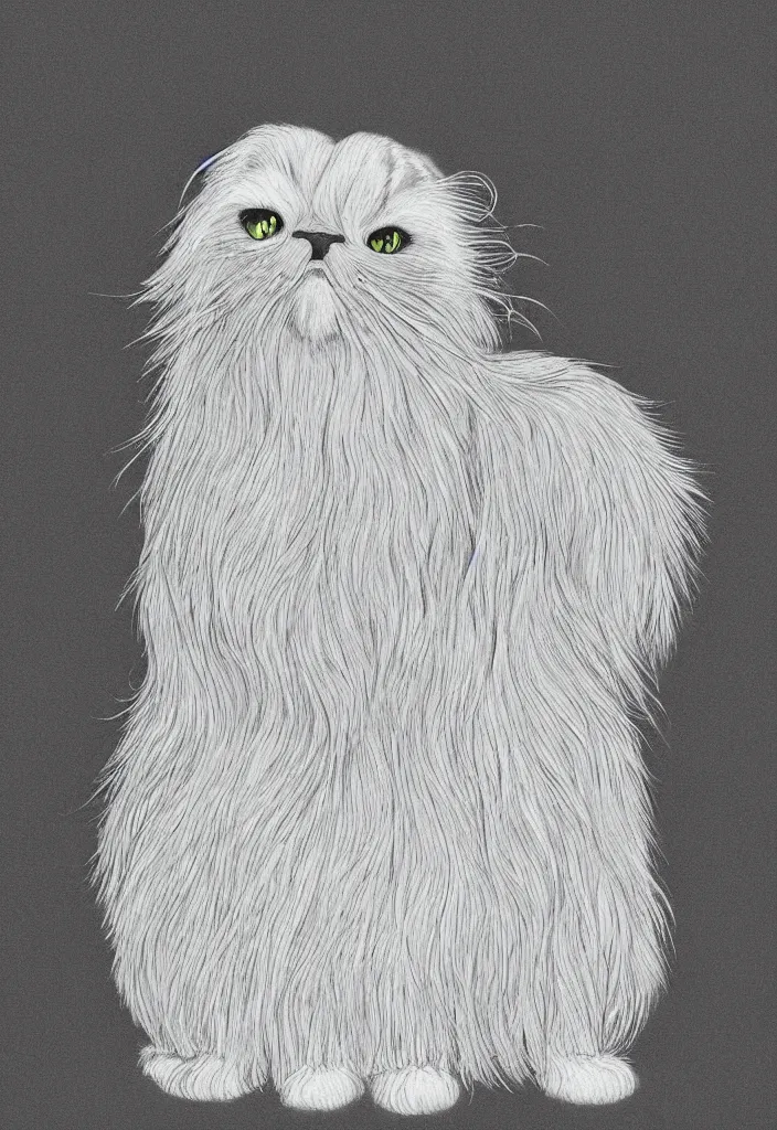 Image similar to longhair floof fluffy coiffed groom elegant gorgeously champion cute pretty scottish fold, radiant line art pen and ink and paint, grisaille dark monochrome with neon fluorescent color airbrush spraypaint accents, by jules julien, wes anderson, lisa frank