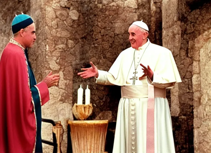 Prompt: a film still of the pope dresses in egyptian style talking to moises, in the 1 0 commandments ( 1 9 5 6 ), technicolor color